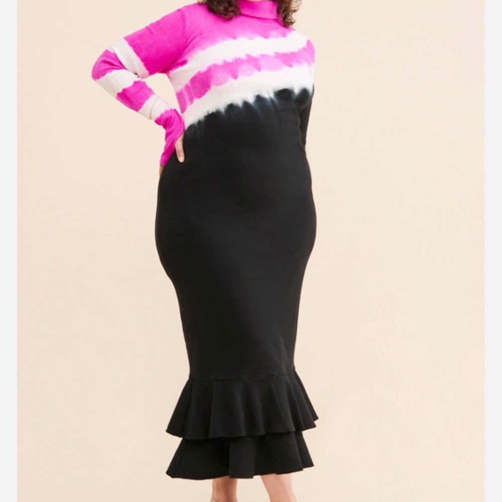 Elegant Pink and Black Ruffle Pencil Dress